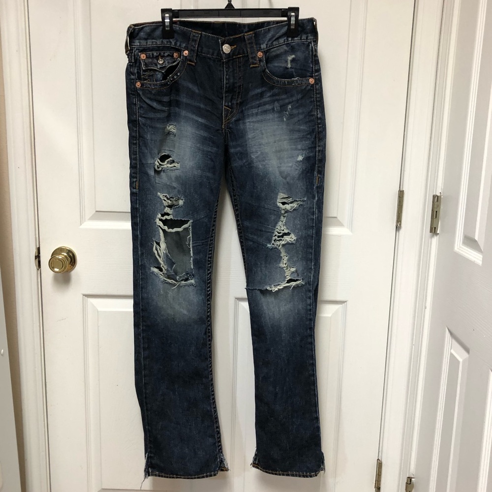 True Religion Mens World Tour Distressed Blue Jeans